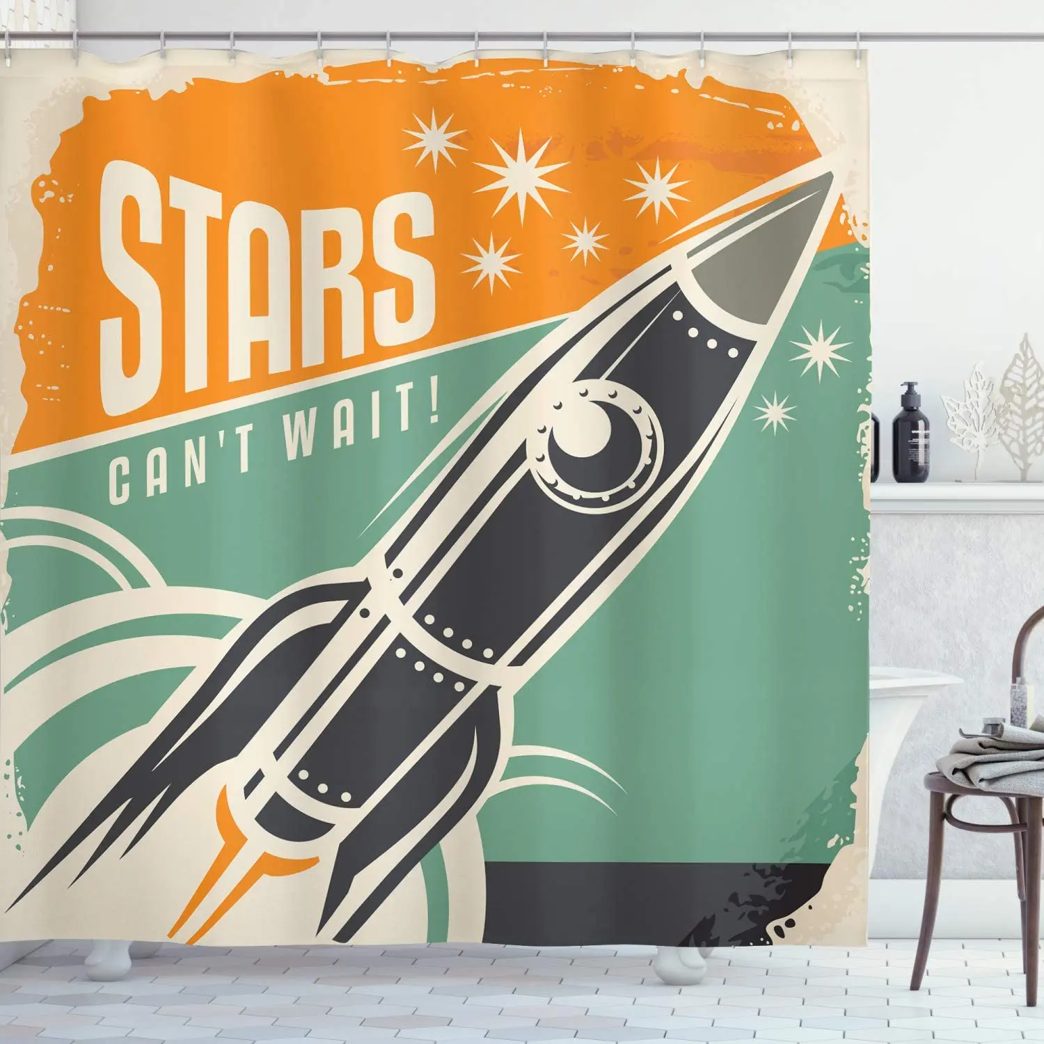 Vintage Shower Curtain, Stars Cant Wait Retro Advertisement with Rocket Launch Your Business Image, Cloth Fabric Bathr
Vintage Shower Curtain, Stars Cant Wait Retro Advertisement with Rocket Launch Your Business Image, Cloth Fabric Bathr