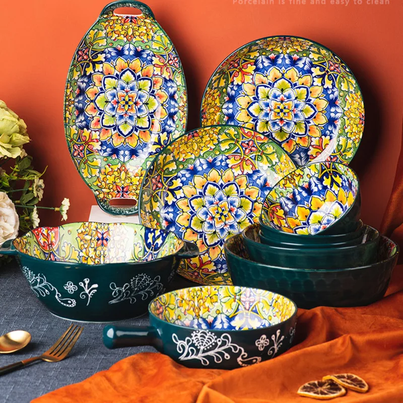 Bowl And Dish Set Ceramic Tableware Bohemian Salad Rice Bowl Double Ear Soup Noodles Large Bowl Household Handle Baking Plate
Bowl And Dish Set Ceramic Tableware Bohemian Salad Rice Bowl Double Ear Soup Noodles Large Bowl Household Handle Baking Plate