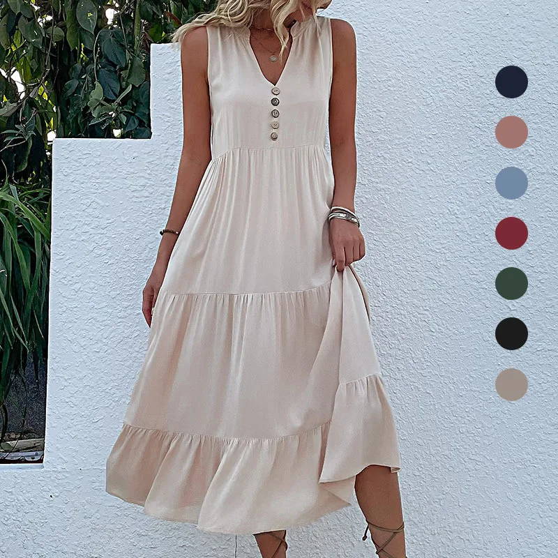 Casual Summer Midi Dress Women Sleeveless Tank V Neck Buttons Ruffle Loose Dresses Beach Soild Sundress Fashion Vestidos
Casual Summer Midi Dress Women Sleeveless Tank V Neck Buttons Ruffle Loose Dresses Beach Soild Sundress Fashion Vestidos