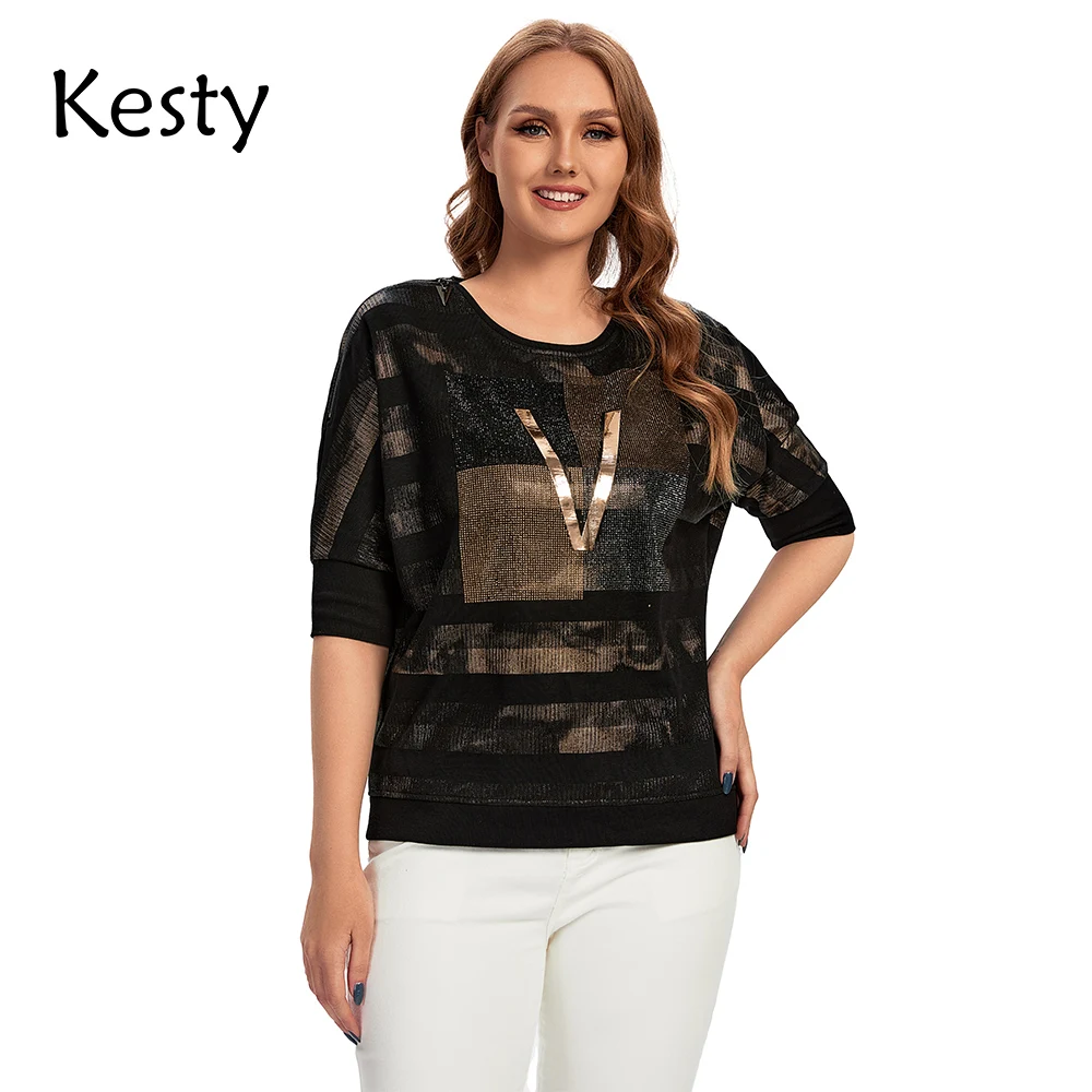 KESTY Women's Plus Size T-Shirt Spring Cotton Short Sleeve T-Shirt Striped with Sequins Round Neck Stretch Loose Top
KESTY Women's Plus Size T-Shirt Spring Cotton Short Sleeve T-Shirt Striped with Sequins Round Neck Stretch Loose Top
