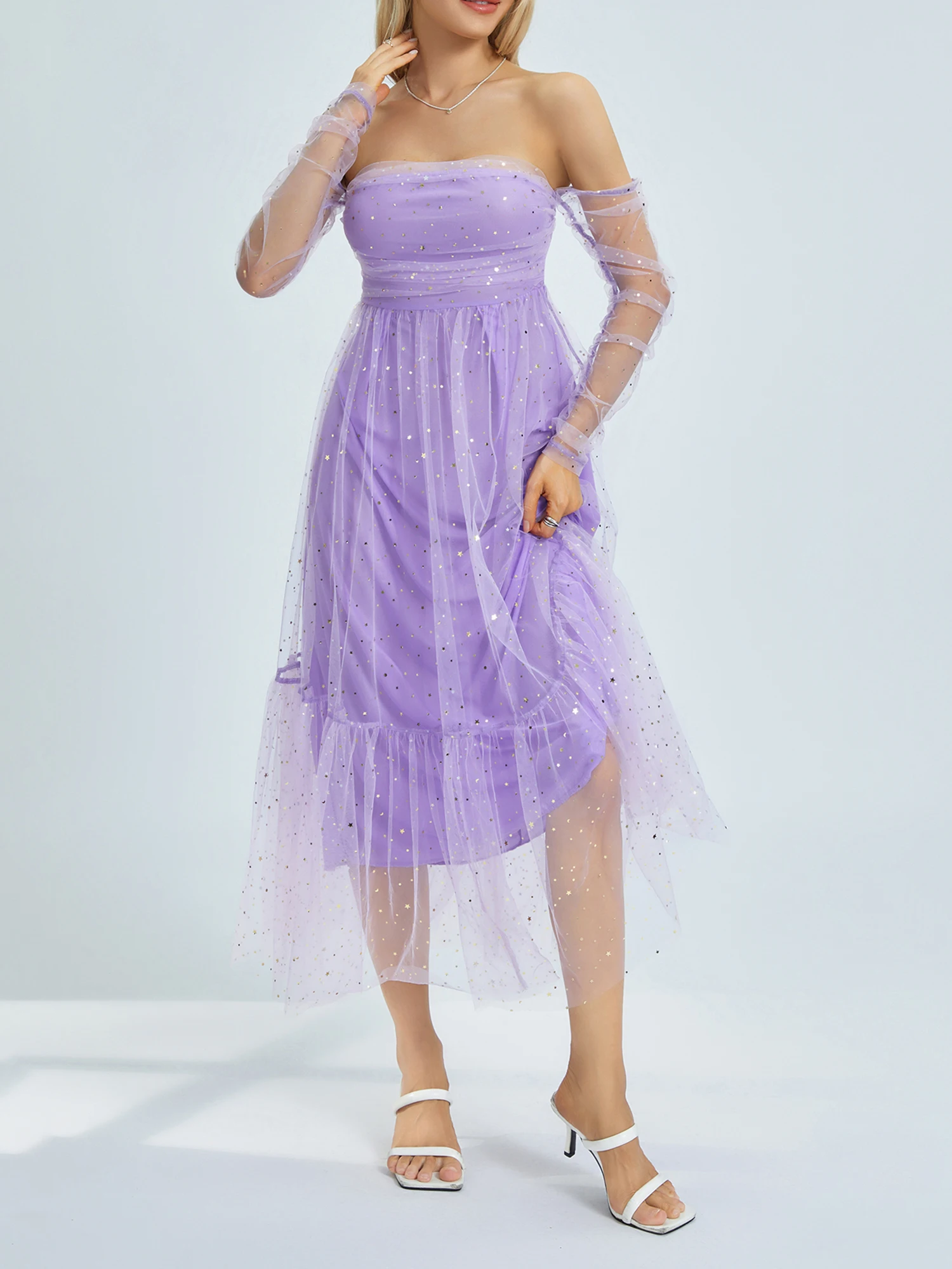 

wsevypo Purple Sequins Elegant Long Evening Gown Dress Women's Off Shoulder Long Sleeve Slash Neck Mesh Tulle Tutu Party Dress
