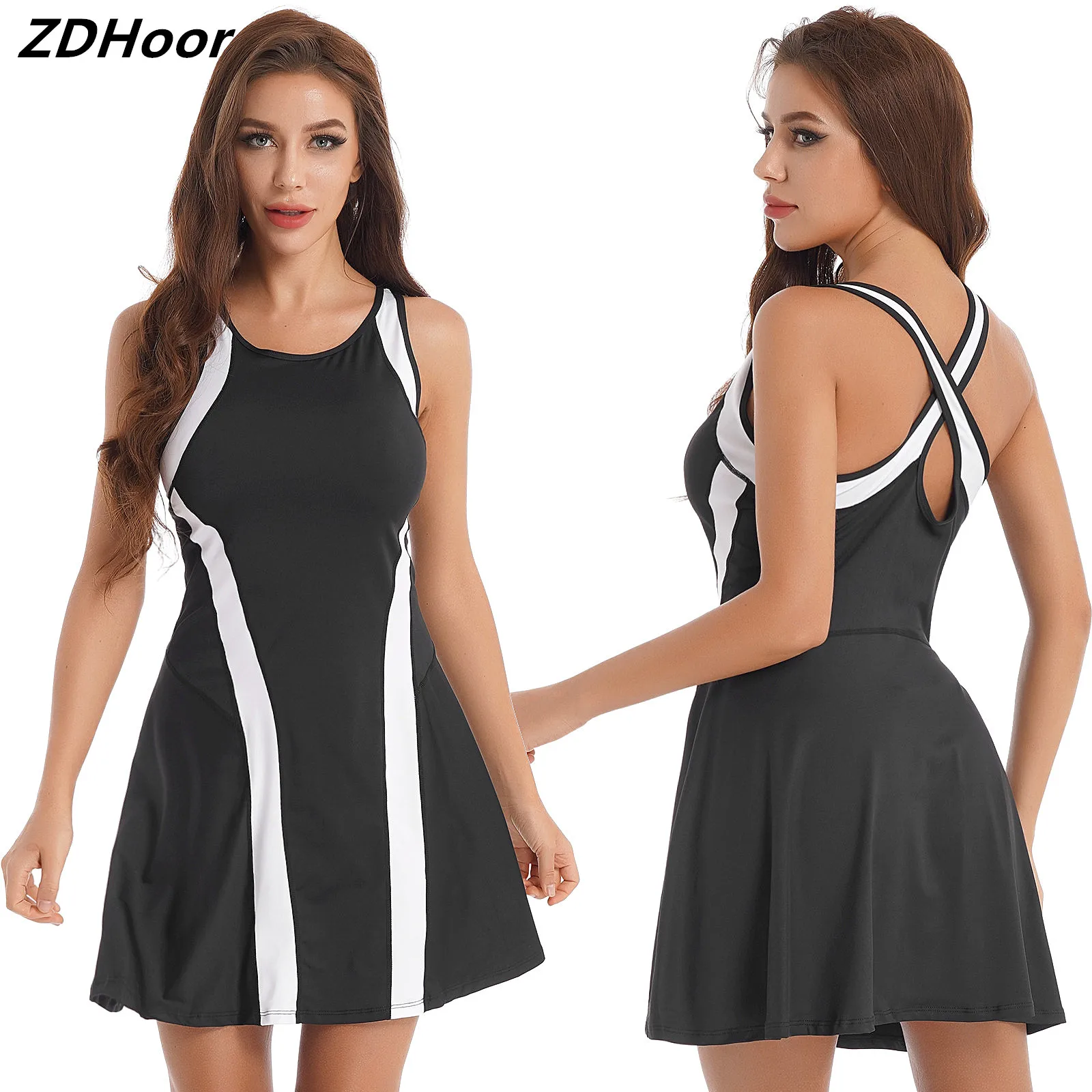 

Women Tennis Dress Gym workout Sportswear Girls Sports Dress Inner shorts Ladies Sleeveless Criss-Cross Back Yoga Golf Dresses