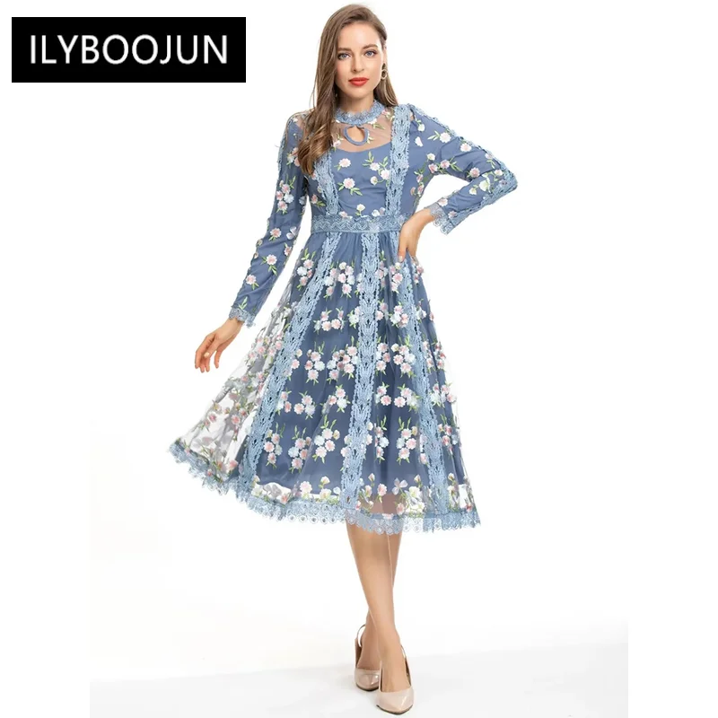 Fashion Designer Autumn Mesh Dress Women O-neck Long Sleeves Floral Embroidery Vintage Midi Dresses
Fashion Designer Autumn Mesh Dress Women O-neck Long Sleeves Floral Embroidery Vintage Midi Dresses