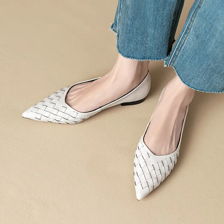 

Beige Weaved Design Women Flats Pointed Toe Shallow Single Shoes Slip On Casual Moccasins Femmes Black Leather Espadrilles Mujer