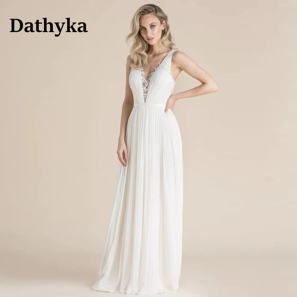 

Dathyka Delicate Chiffon Wedding Gown For Bride V-neck Appliques Backless A-LINE Wedding Dress Vestido De Casamento Customized