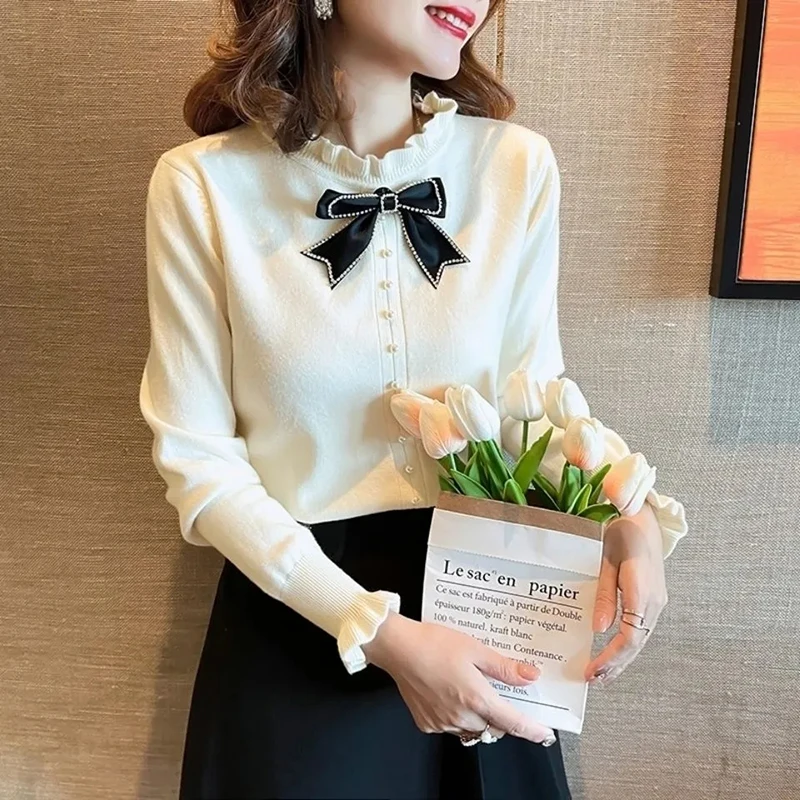 BIYABY French Style Bow knitted Sweater Women Autumn Winter All-match Ruffled Collar Sweater Casual Loose pullovers for Women
BIYABY French Style Bow knitted Sweater Women Autumn Winter All-match Ruffled Collar Sweater Casual Loose pullovers for Women