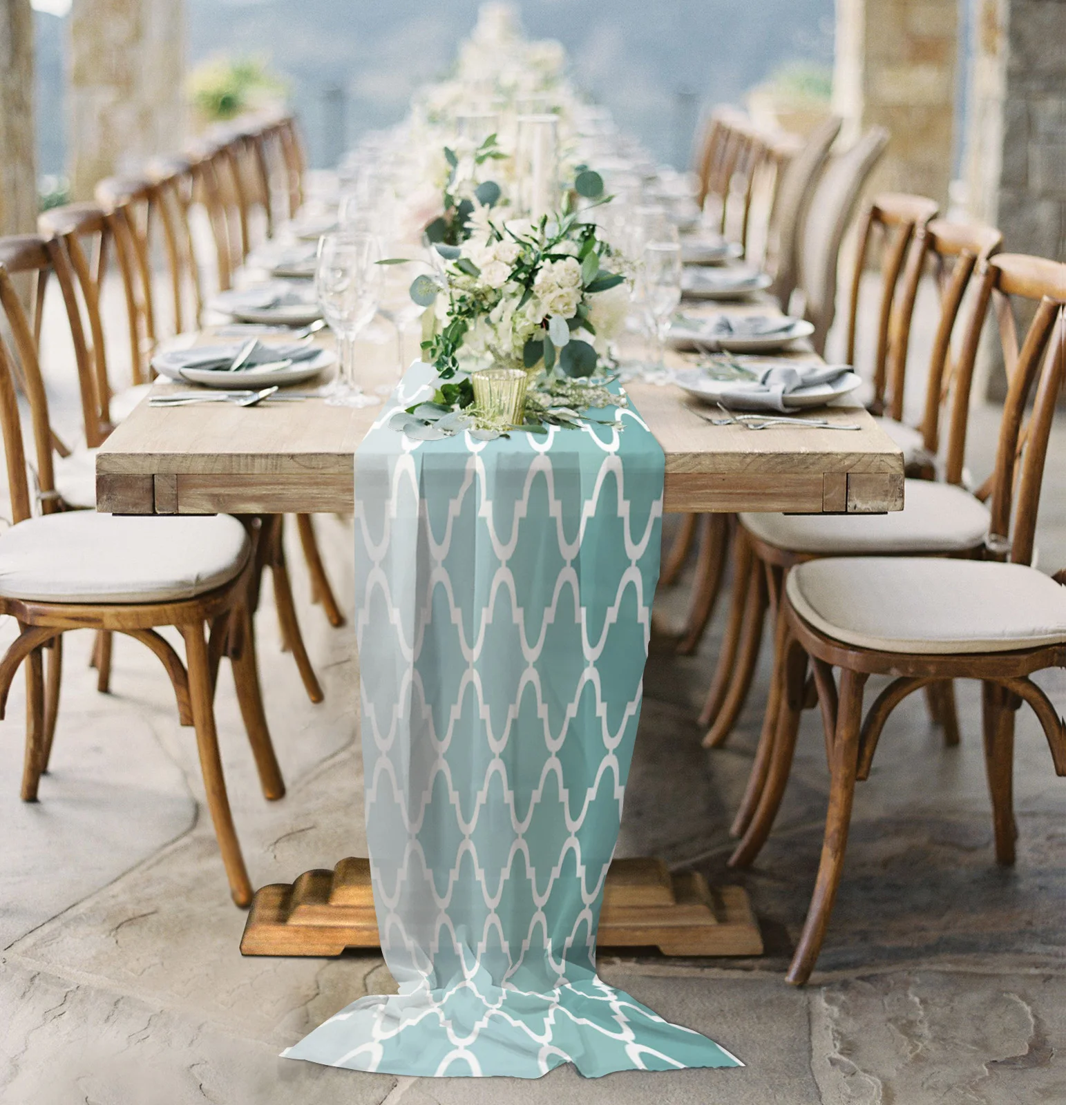 Geometric Blue Green Gradient Turquoise Chiffon Table Runner for Wedding Celebration Banquet Festival Party Backdrop Decor
Geometric Blue Green Gradient Turquoise Chiffon Table Runner for Wedding Celebration Banquet Festival Party Backdrop Decor