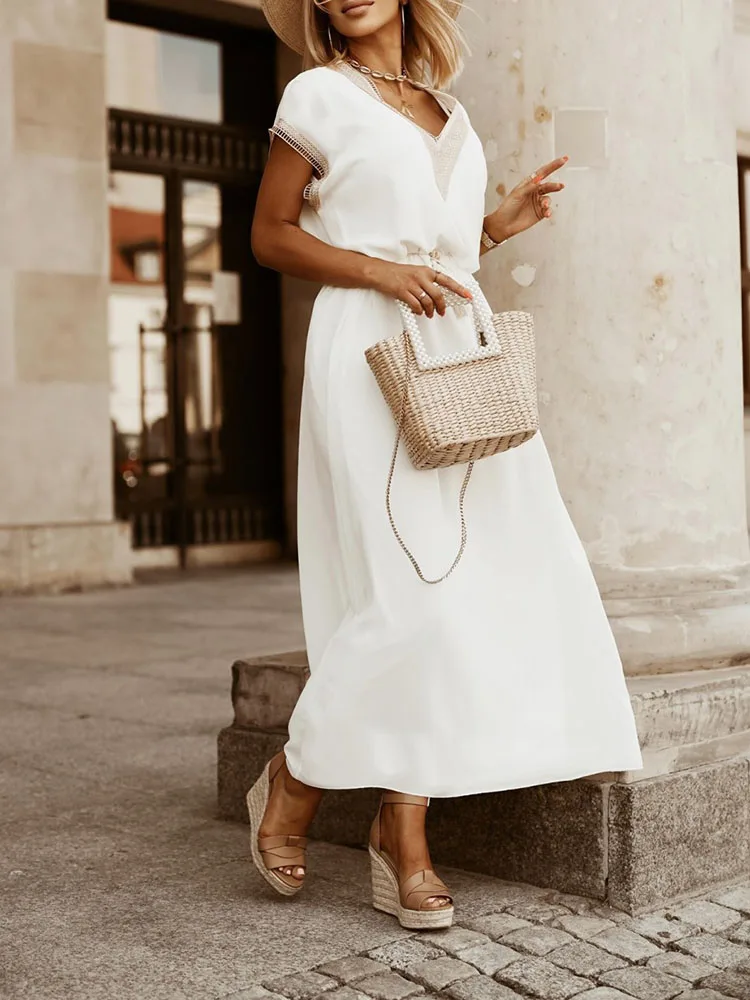 Fashion Lace-Up Loose Commuter Dress Women Elegant Summer Bat Sleeve V-Neck Elastic Waist Dress Ladies Casual Solid Color Dress
Fashion Lace-Up Loose Commuter Dress Women Elegant Summer Bat Sleeve V-Neck Elastic Waist Dress Ladies Casual Solid Color Dress