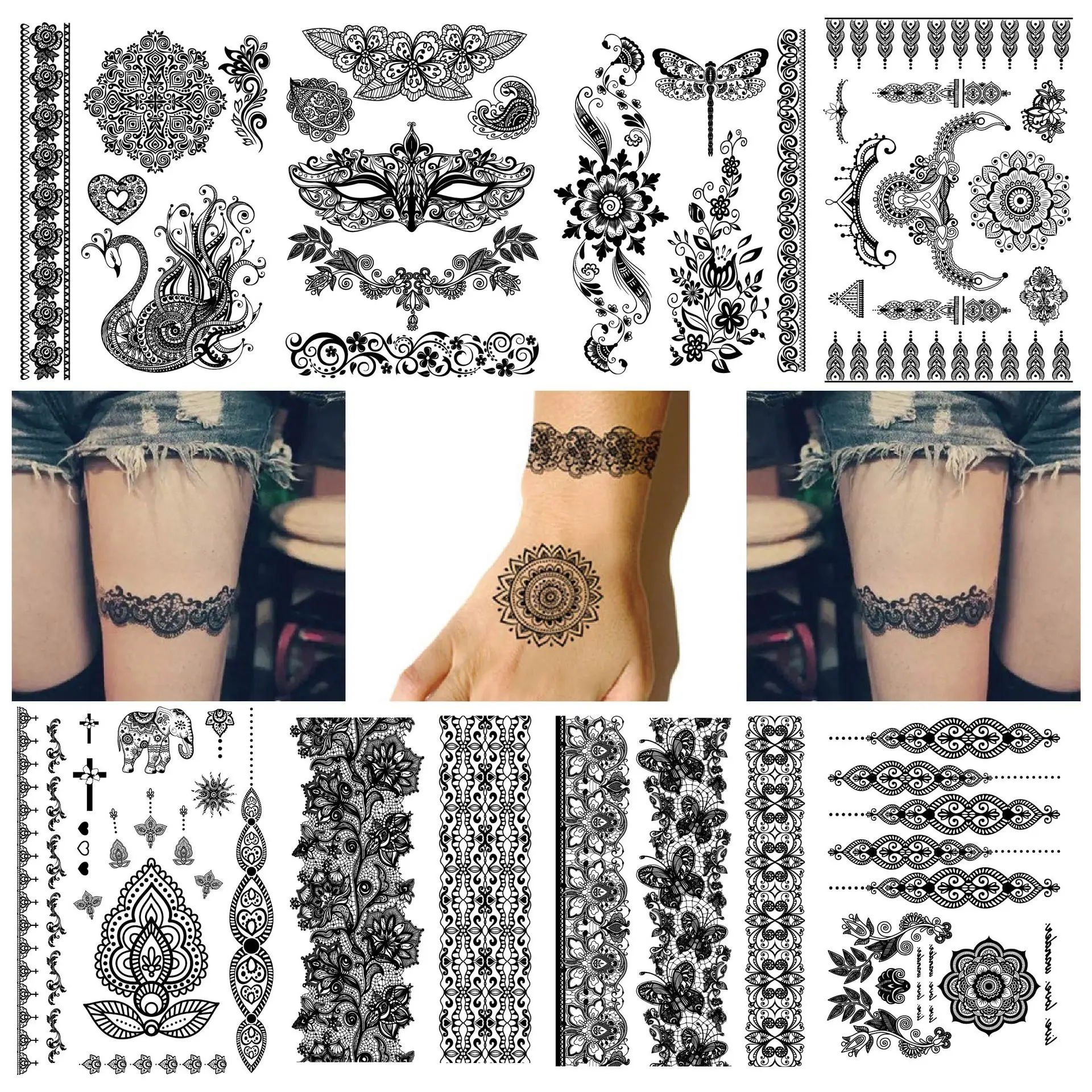 Temporary Tattoos Black Lace Stripe Flower Butterfly Feather Wrist Bracelet Pretty Waterproof Sticker Body Art Fake Tattoo Decal
Temporary Tattoos Black Lace Stripe Flower Butterfly Feather Wrist Bracelet Pretty Waterproof Sticker Body Art Fake Tattoo Decal