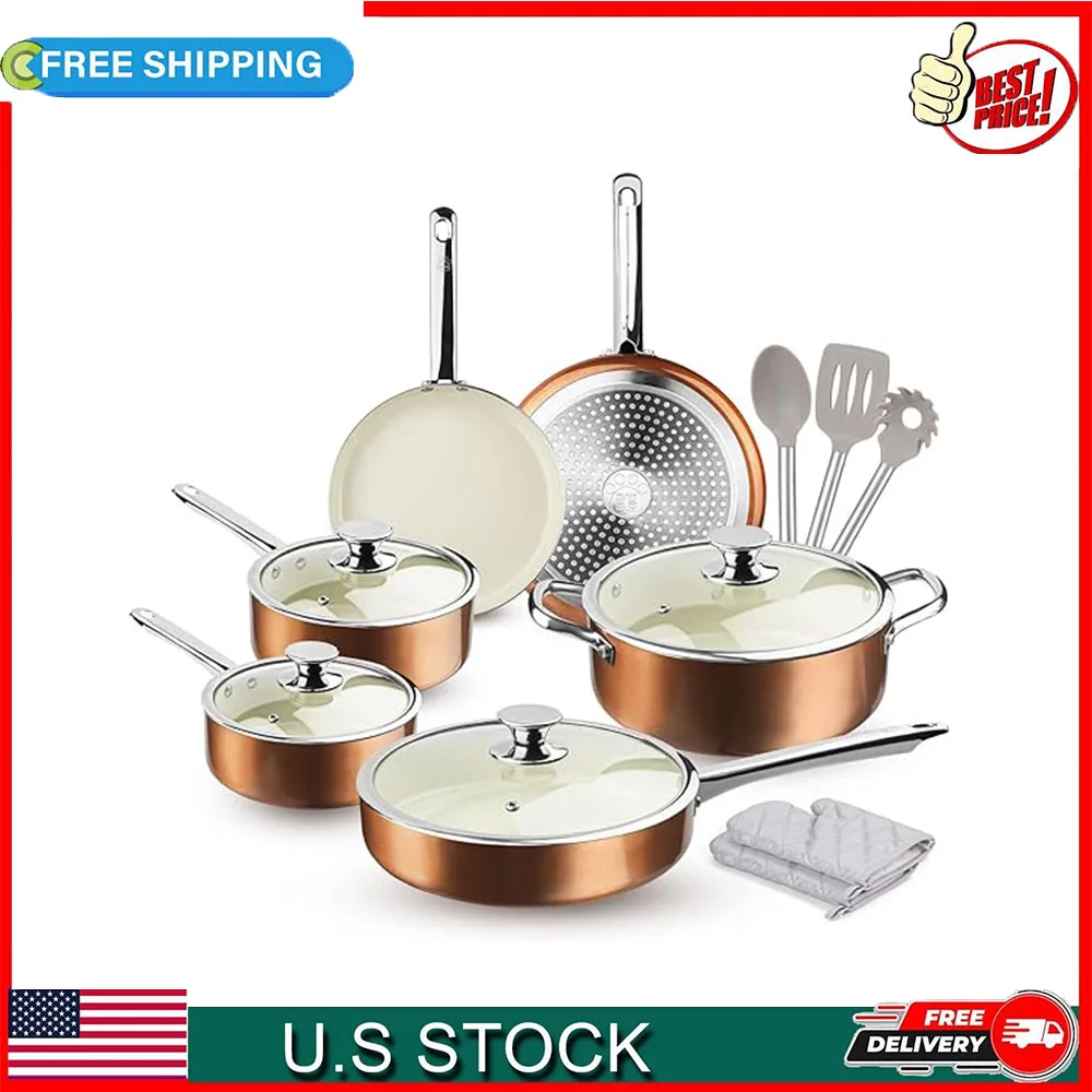FRUITEAM 13 Piece Non-stick Cookware Set, Induction Pots Pans Set with Lids,Heavy Duty Stainless Steel Handles,Kitchen
FRUITEAM 13 Piece Non-stick Cookware Set, Induction Pots Pans Set with Lids,Heavy Duty Stainless Steel Handles,Kitchen