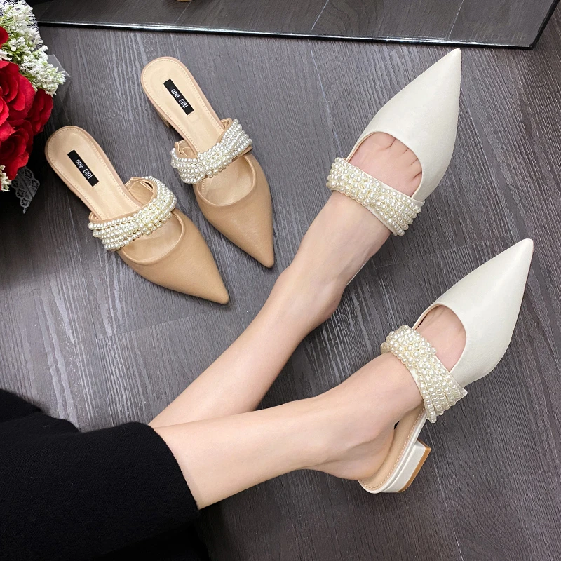 

2022 Summer New Women Shoes Baotou Half Drag Outer Wear Small Pearl Sandals Low Heel Comfortable Fashion Breathable Slippers
