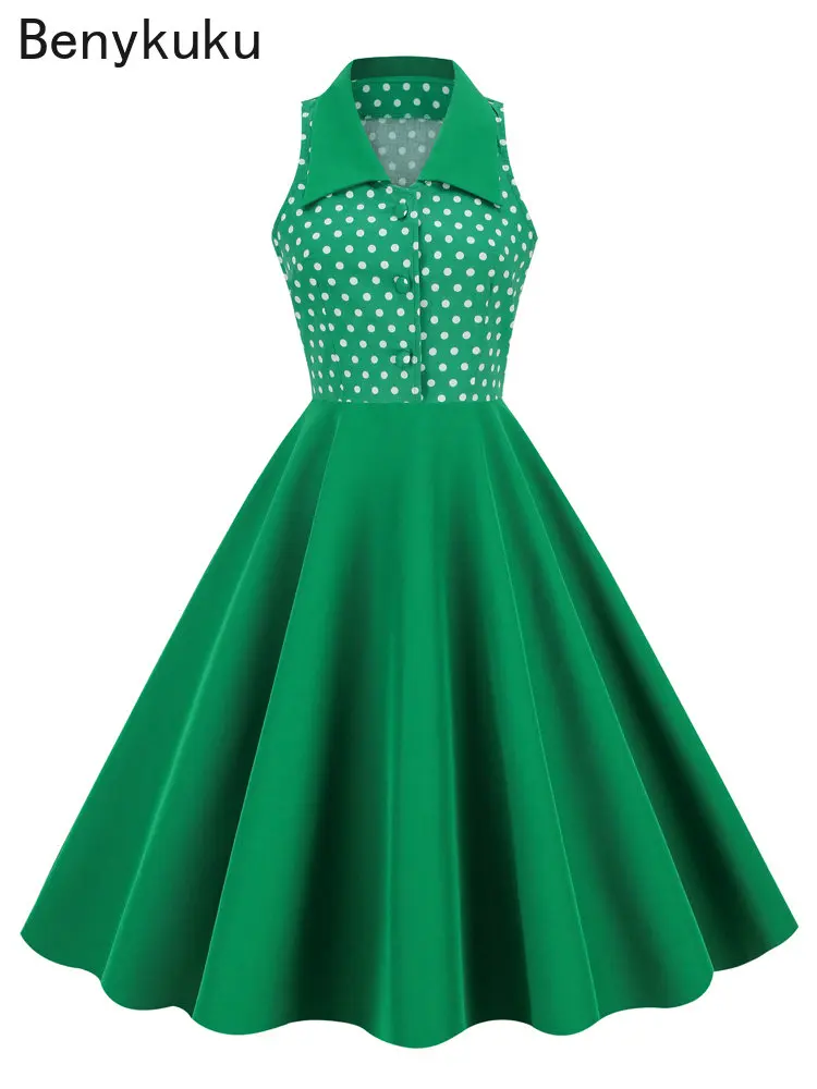 

Green Polka Dot 50s Patchwork Vintage Hepburn Dress Turn-Down Collar Button Up Robe Pinup Sleeveless Elegant Women Swing Dresses