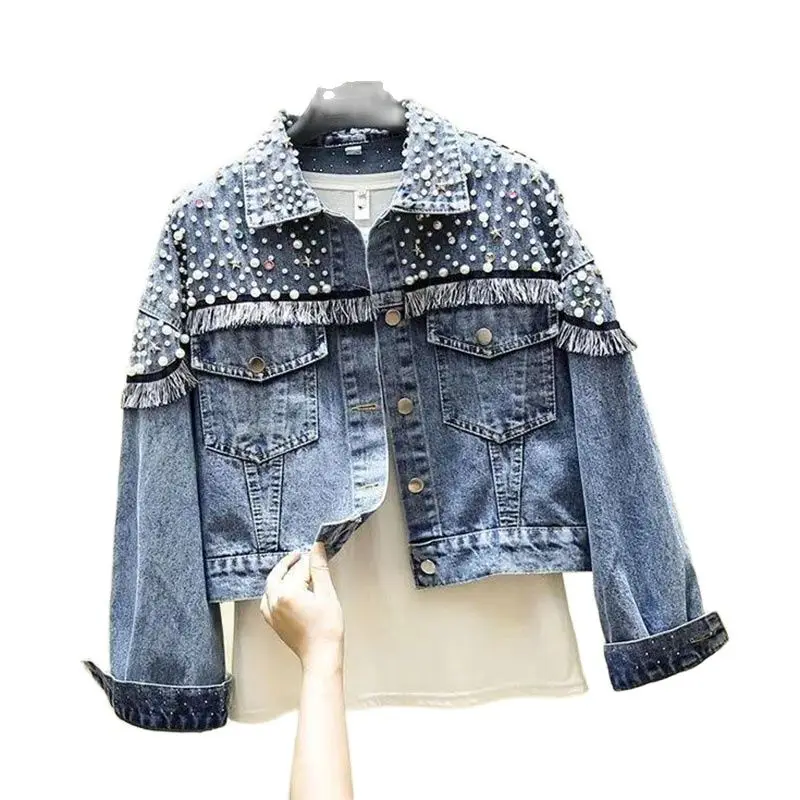 

Демисезонная джинсовая куртка для женщин, новинка 2023, свободное короткое пальто, тяжелые Промышленные топы с бисером и кисточками, модные женские куртки из коровьей кожи
