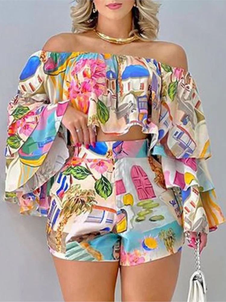 Graphic Print Two Piece Sets Women Outifit 2023 Summer Fashion Sexy Off Shoulder Bell Sleeve Crop Top+Casual Vacation Shorts Set
Graphic Print Two Piece Sets Women Outifit 2023 Summer Fashion Sexy Off Shoulder Bell Sleeve Crop Top+Casual Vacation Shorts Set