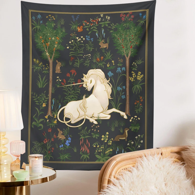 

Mythical Unicorn Tapestry Wall Mount Forest Fantasy Aesthetics Room Decoration Tapestry Art Fairy Tale Wall Decoration Tapestry