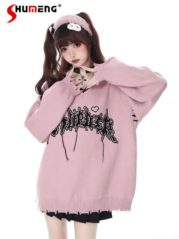 2023 Spring New Gothic Streetwear Letters Sweater Ladies Original Black Pink Cool V-neck Hole Long Sleeve Mid-length Knitted Top
2023 Spring New Gothic Streetwear Letters Sweater Ladies Original Black Pink Cool V-neck Hole Long Sleeve Mid-length Knitted Top