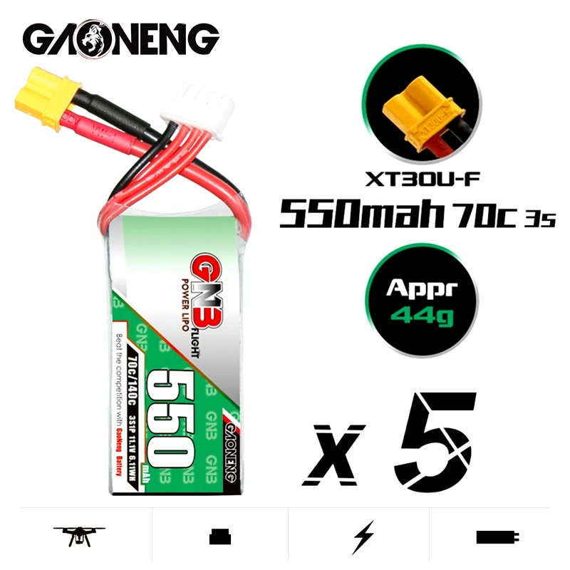 MAX 140C GNB 11.1V 550mAh 70C/140C Lipo battery For Torrent 110 Drone RC Quadcopter Parts 3S 11.1V Battery With XT30 5PCS
MAX 140C GNB 11.1V 550mAh 70C/140C Lipo battery For Torrent 110 Drone RC Quadcopter Parts 3S 11.1V Battery With XT30 5PCS