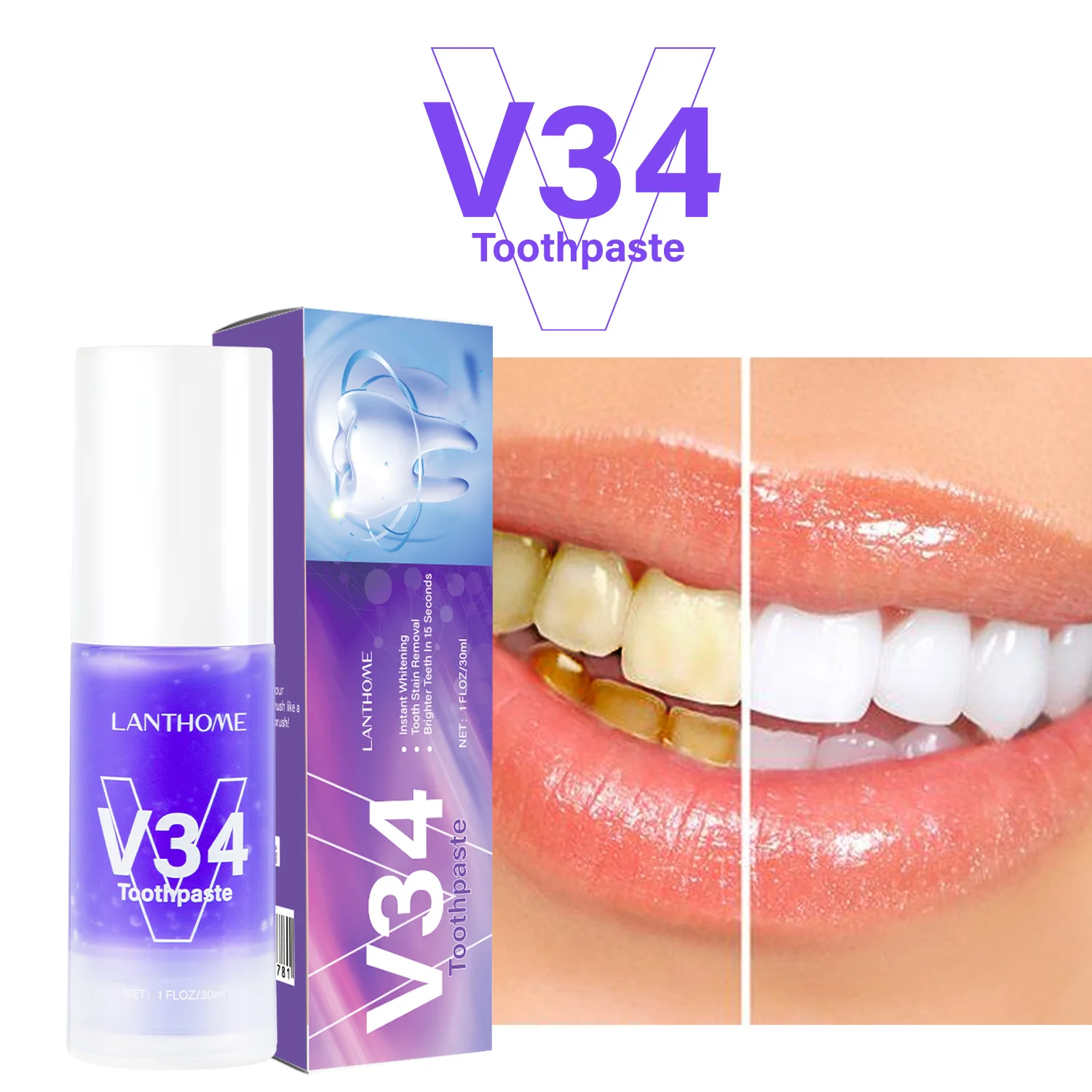 

V34 Teeth Mousse Dental Remove Plaque Stains Care Toothpaste Tooth Purple V34 Color Corrector Teeth Whitening Serum