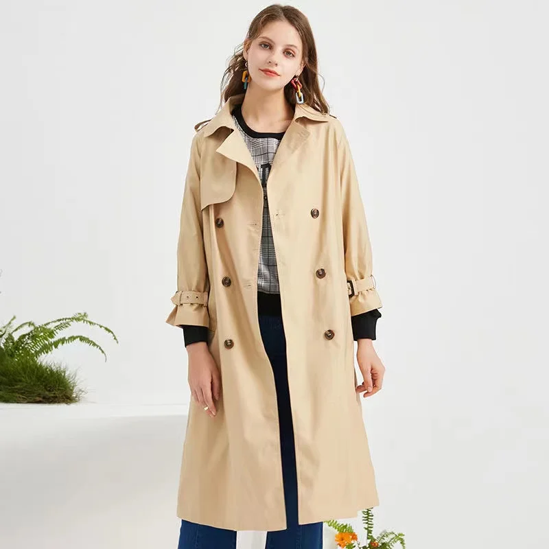 

Тренч цвета хаки, женская Свободная Повседневная ветровка в Корейском стиле, винтажная Женская ветровка в стиле Хепберн, пальто средней длины выше колена 2022