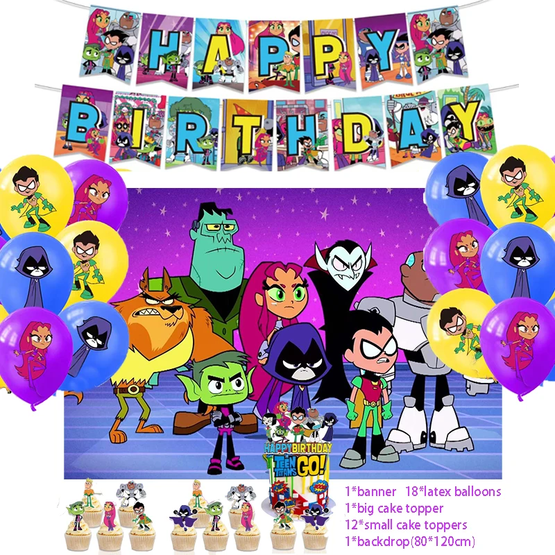 

Young Titans Go Balloon Child Birthday Party Decoration Banner Cake Topper Birthday Photoshop Backdrop Baby Shower