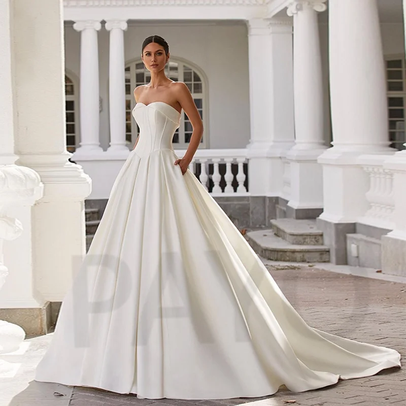 Elegant Soft Satin Wedding Dress A-Line Sleeveless Strapless Simple Prom Gown Princess Luxury Vestido De Novia Women 2022
Elegant Soft Satin Wedding Dress A-Line Sleeveless Strapless Simple Prom Gown Princess Luxury Vestido De Novia Women 2022