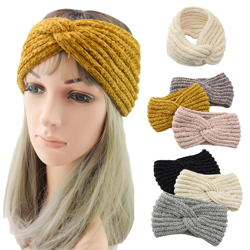 

Повязка на голову женская, однотонная эластичная плетеная вязаная лента для волос, тюрбан, модные аксессуары для волос на зиму