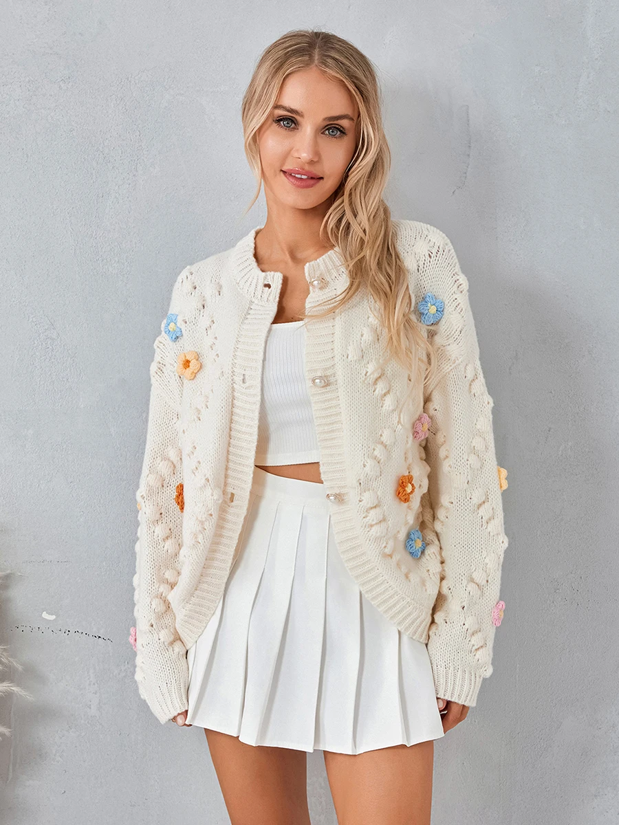 

Caziffer Women Fashion Handmade Crochet Cardigan 3D Flower Embroidery Long Sleeve Sweater Button-Down Ribbed Cuffs Knit Cropped