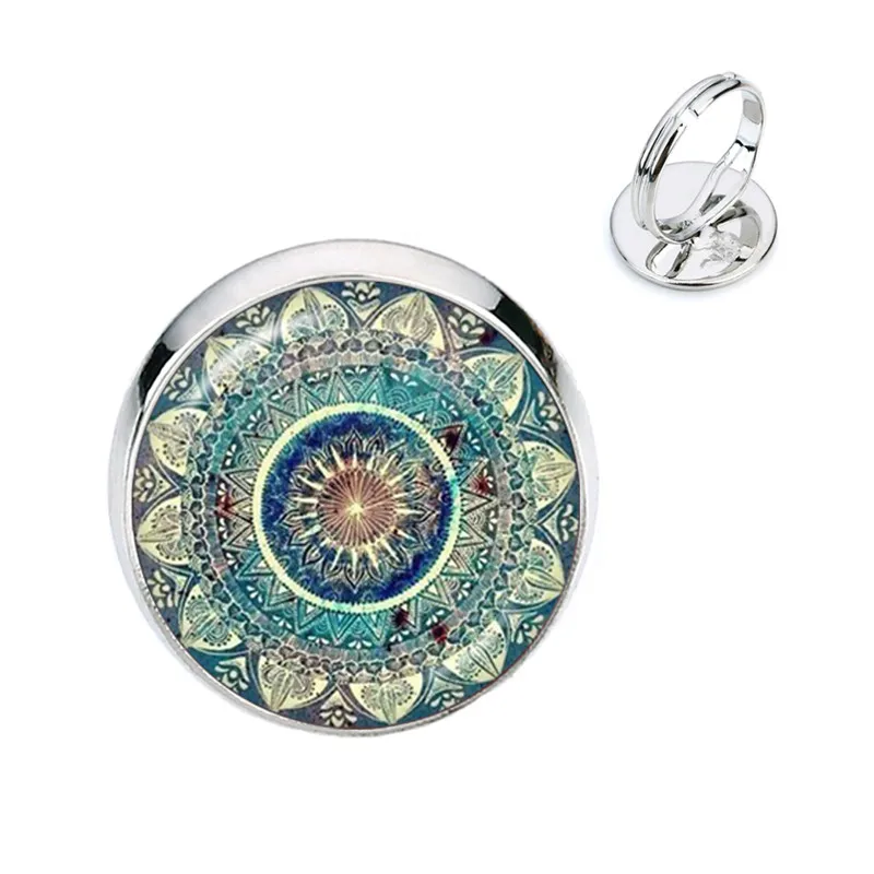 

Charm Mandala Art Picture Rings Henna Yoga Om Symbol Zen Buddhism Glass Cabochon Dome Adjustable Rings For Women Girls Gift