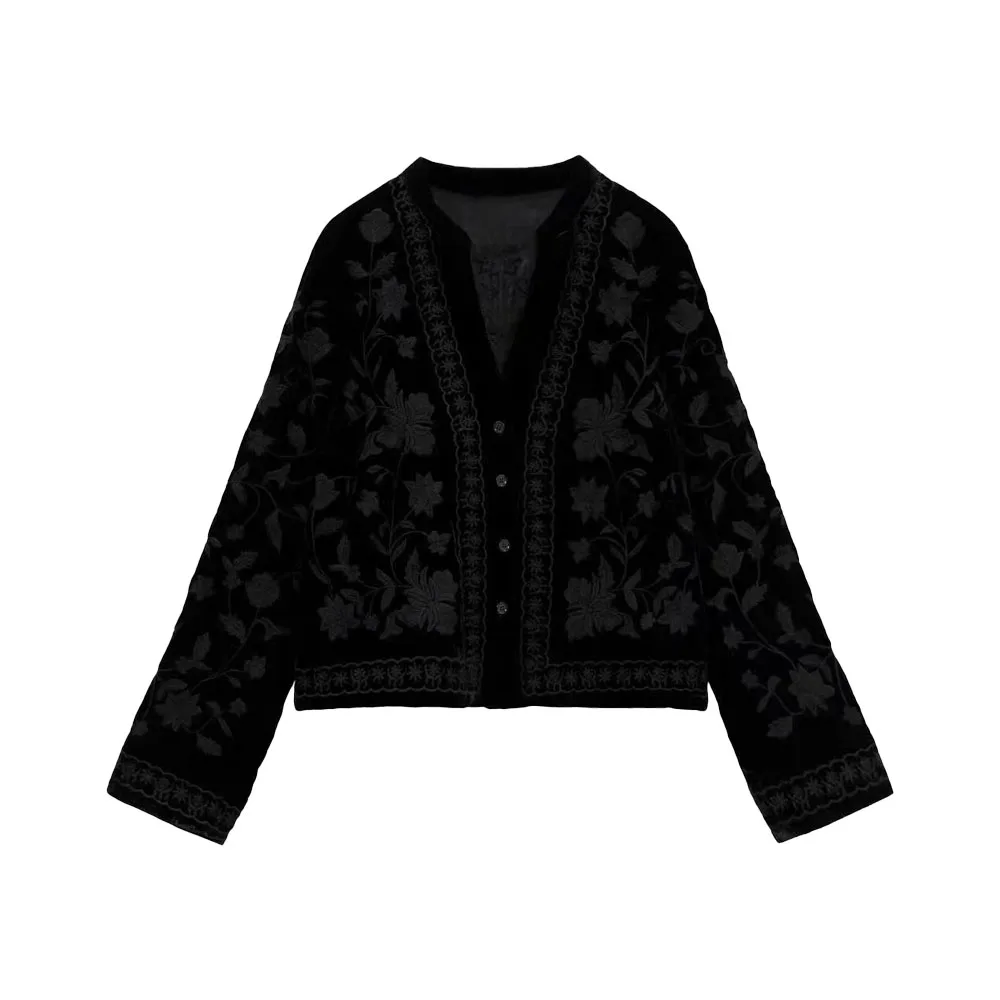 2022 Spring New Women's Fashion Black Flower Embroidered Velvet Jacket Top V-Neck Long Sleeve Single Breasted Women's Jacket
2022 Spring New Women's Fashion Black Flower Embroidered Velvet Jacket Top V-Neck Long Sleeve Single Breasted Women's Jacket
