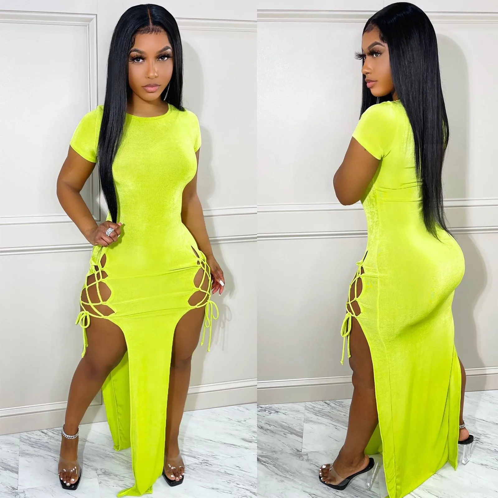 Summer Sexy Slim Dress Women Fashion Solid Round Neck Short-sleeved Slit Tied Rope Long Dress Women
Summer Sexy Slim Dress Women Fashion Solid Round Neck Short-sleeved Slit Tied Rope Long Dress Women