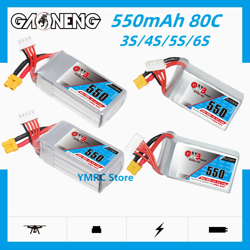 2 шт. Gaoneng GNB 550 мАч 3S/4S/5S/6S 11,1 В/14,8 в/18,5 в/22,2 в 80C литий-полимерный аккумулятор с разъемом XT30/XT60 для FPV гоночного дрона квадрокоптера
2 шт. Gaoneng GNB 550 мАч 3S/4S/5S/6S 11,1 В/14,8 в/18,5 в/22,2 в 80C литий-полимерный аккумулятор с разъемом XT30/XT60 для FPV гоночного дрона квадрокоптера