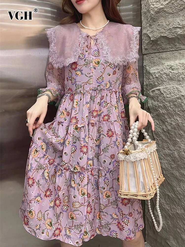 

VGH Colorblock Print Dress For Women Peter Pan Collar Flare Sleeve High Waist Patchwork Lace Vintage Dresses Female Fashion New