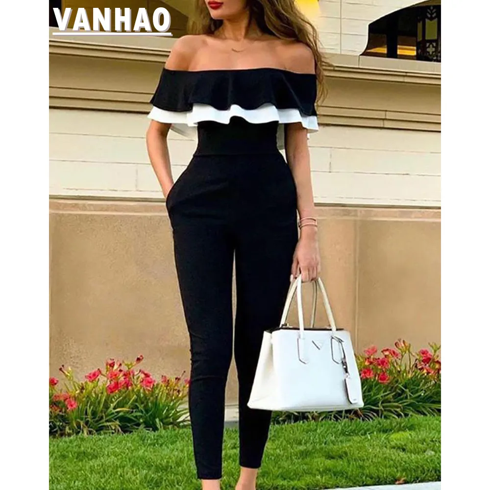

Летние повседневные офисные длинные брюки VANHAO 2022, шикарные пикантные облегающие комбинезоны с оборками и открытыми плечами для женщин, оптовая продажа, Прямая поставка