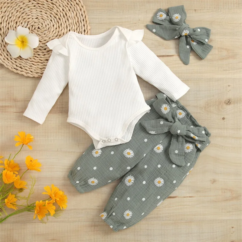 

3PCS Infant Baby Girls Clothes Set Long Sleeve Plain Ribbed Snap Romper + Daisy Ruched Long Pants with Belt + Bow Headband