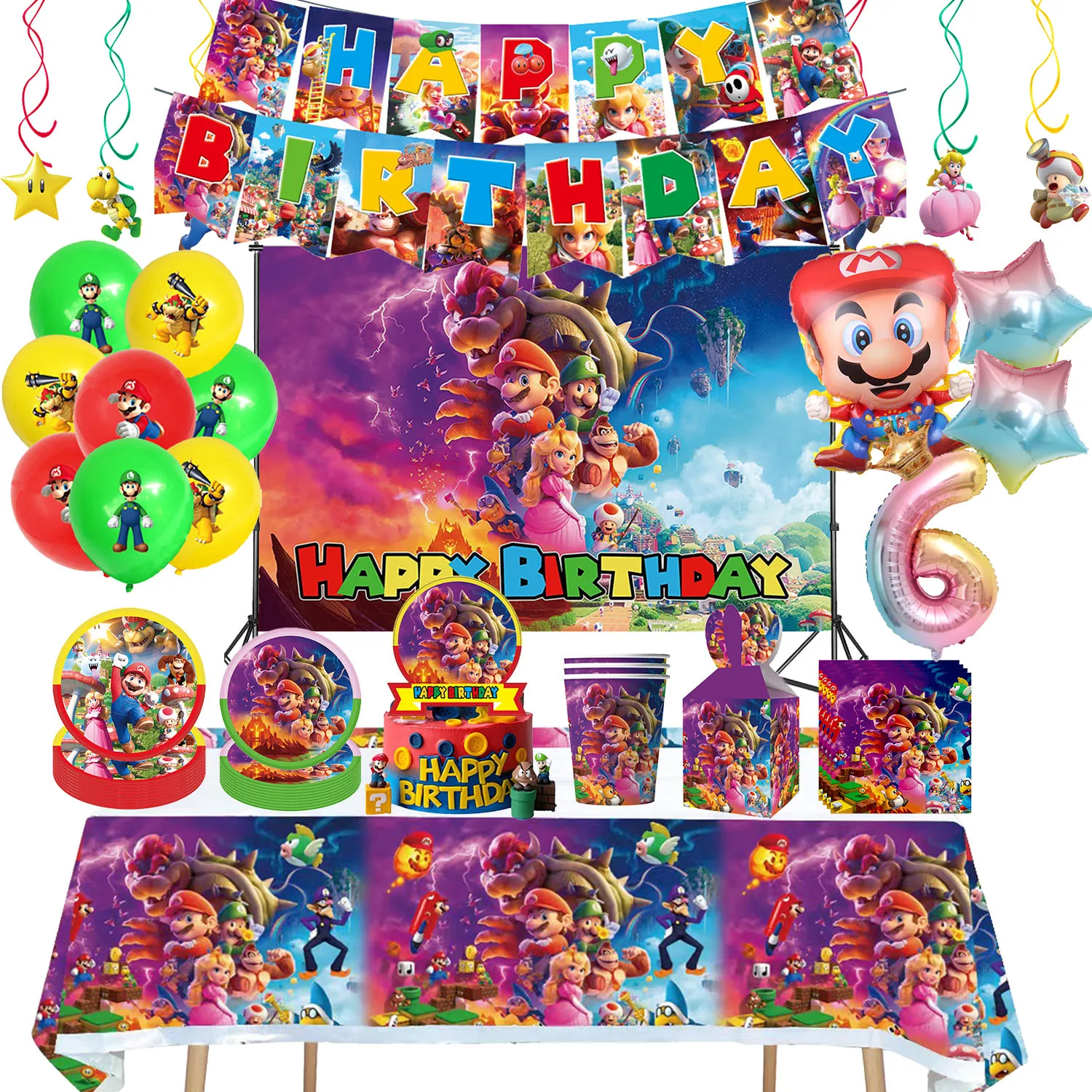 

Super Mario Bros Movie Party Decoration Birthday Decor Supplies Cartoon Cutlery Number Balloon Set Backdrop Banner Cake Topper
