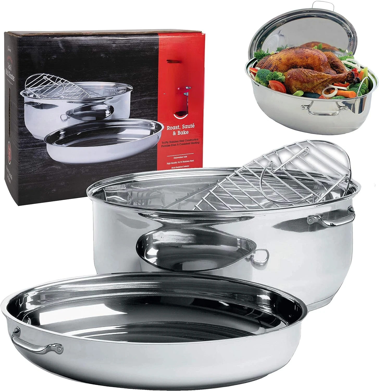 In 1 Multi Roaster w Lid- 18/10 Professional Grade Tri-Ply Stainless Steel- 11qt Poultry Roasting Pan w , Stock Pot, & Saute
In 1 Multi Roaster w Lid- 18/10 Professional Grade Tri-Ply Stainless Steel- 11qt Poultry Roasting Pan w , Stock Pot, & Saute