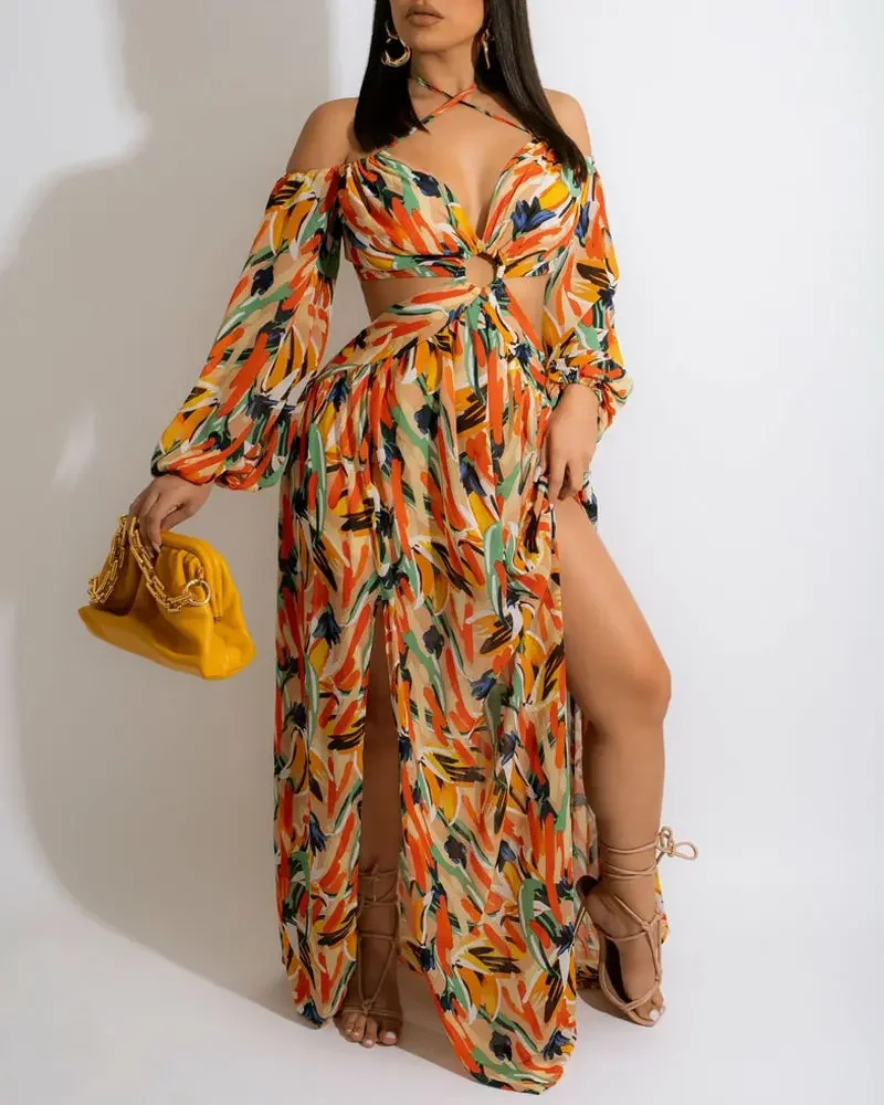Women's Dress, Sexy, Beach Skirt. Holiday Style, Plant Printed O-ring Hollowed Out High Slit Long Dress
Women's Dress, Sexy, Beach Skirt. Holiday Style, Plant Printed O-ring Hollowed Out High Slit Long Dress