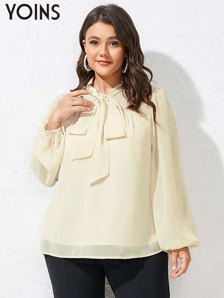 

YOINS 2023 Women Blouses Autumn Long Sleeve Plus Size Female Shirts Solid Bowknot Elegant Blusas Fashion Tunic Tops 4XL Blouse