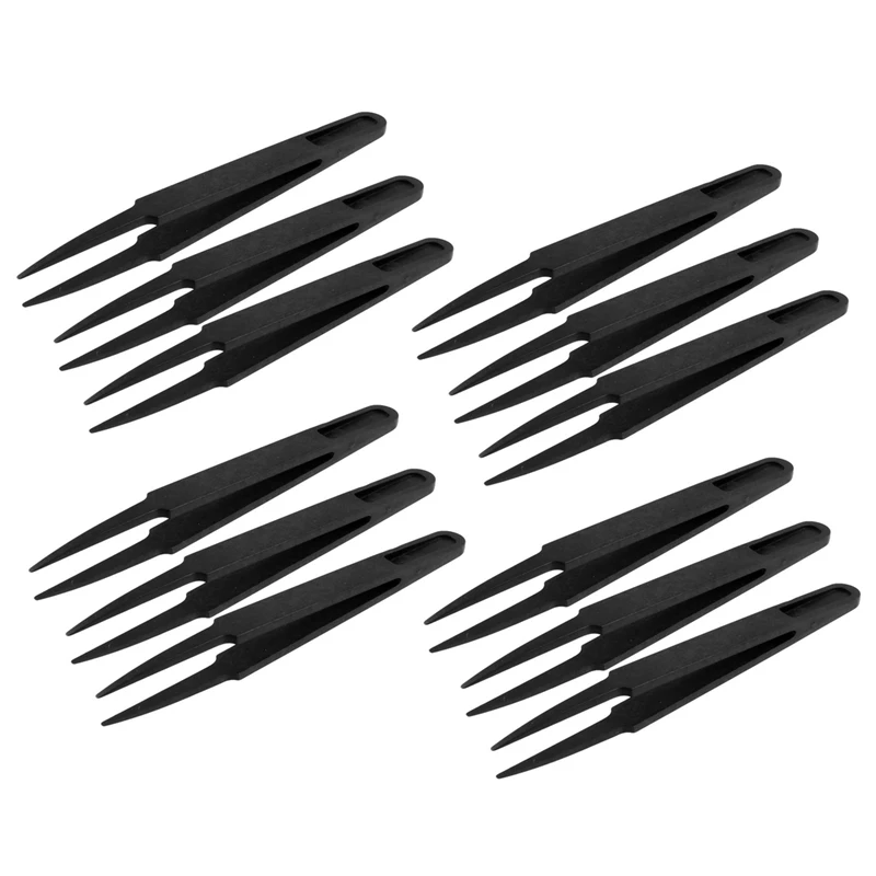 

12 Pcs Black Plastic Electronic Pointy Tip Anti-Static Tweezers