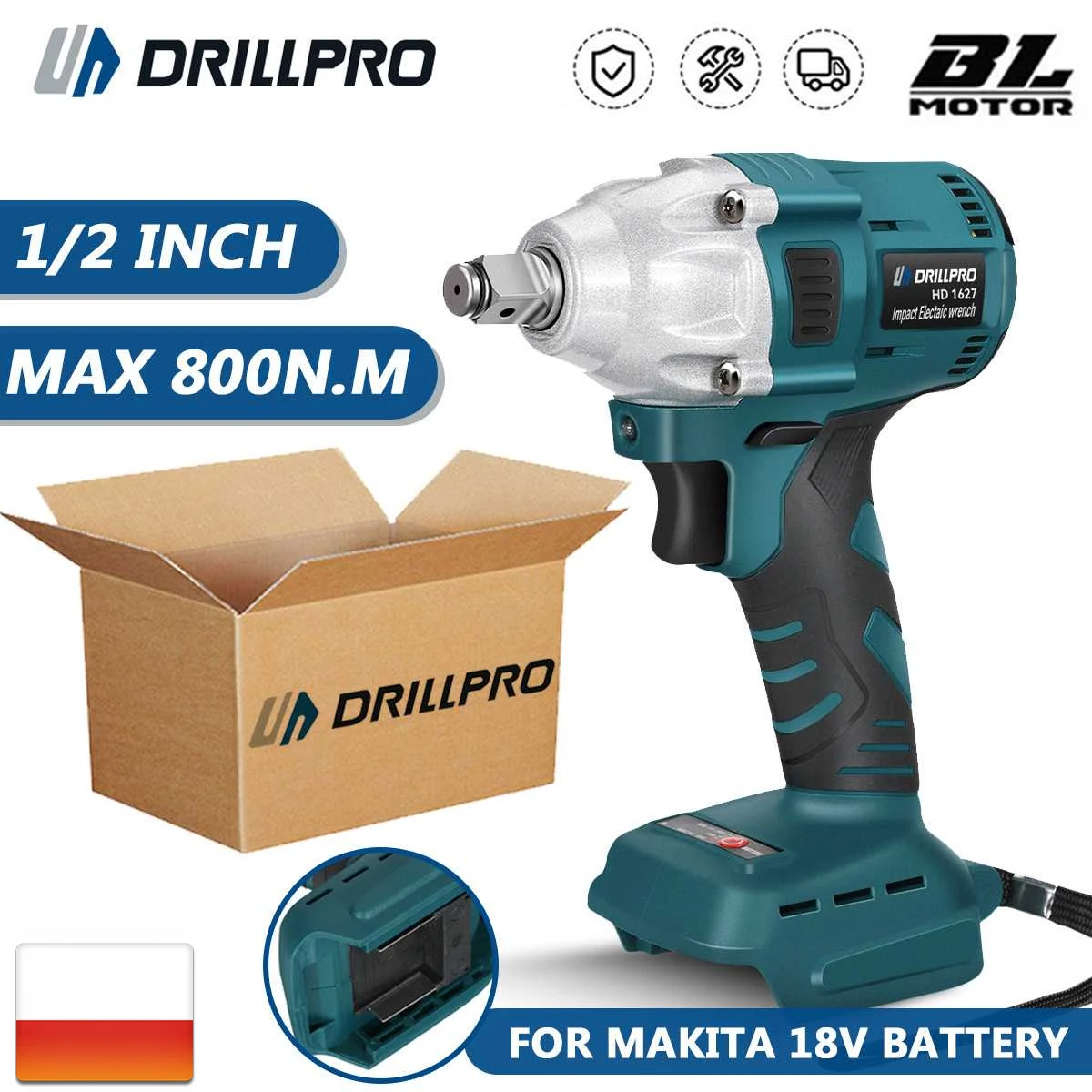 Drillpro 800N.M Brushless Impact Electric Wrench 2700RPM Cordless 1/2 inch For Makita 18V Battery klucz udarowy akumulatorowy
Drillpro 800N.M Brushless Impact Electric Wrench 2700RPM Cordless 1/2 inch For Makita 18V Battery klucz udarowy akumulatorowy