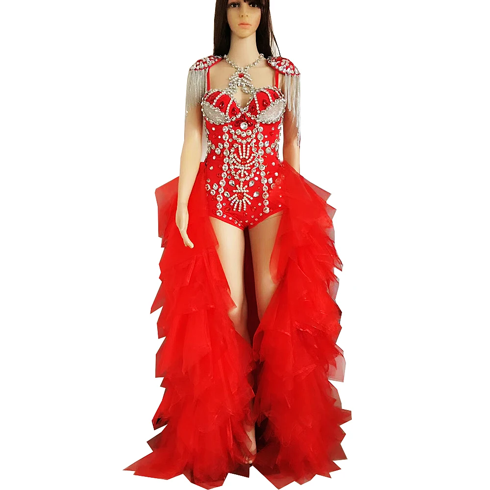 Sparkly Rhinestones Skinny Bodysuits Silver Chain Fringe Women Jumpsuits Red Voile Tailing Bar Party Show Performance Stage Wear
Sparkly Rhinestones Skinny Bodysuits Silver Chain Fringe Women Jumpsuits Red Voile Tailing Bar Party Show Performance Stage Wear
