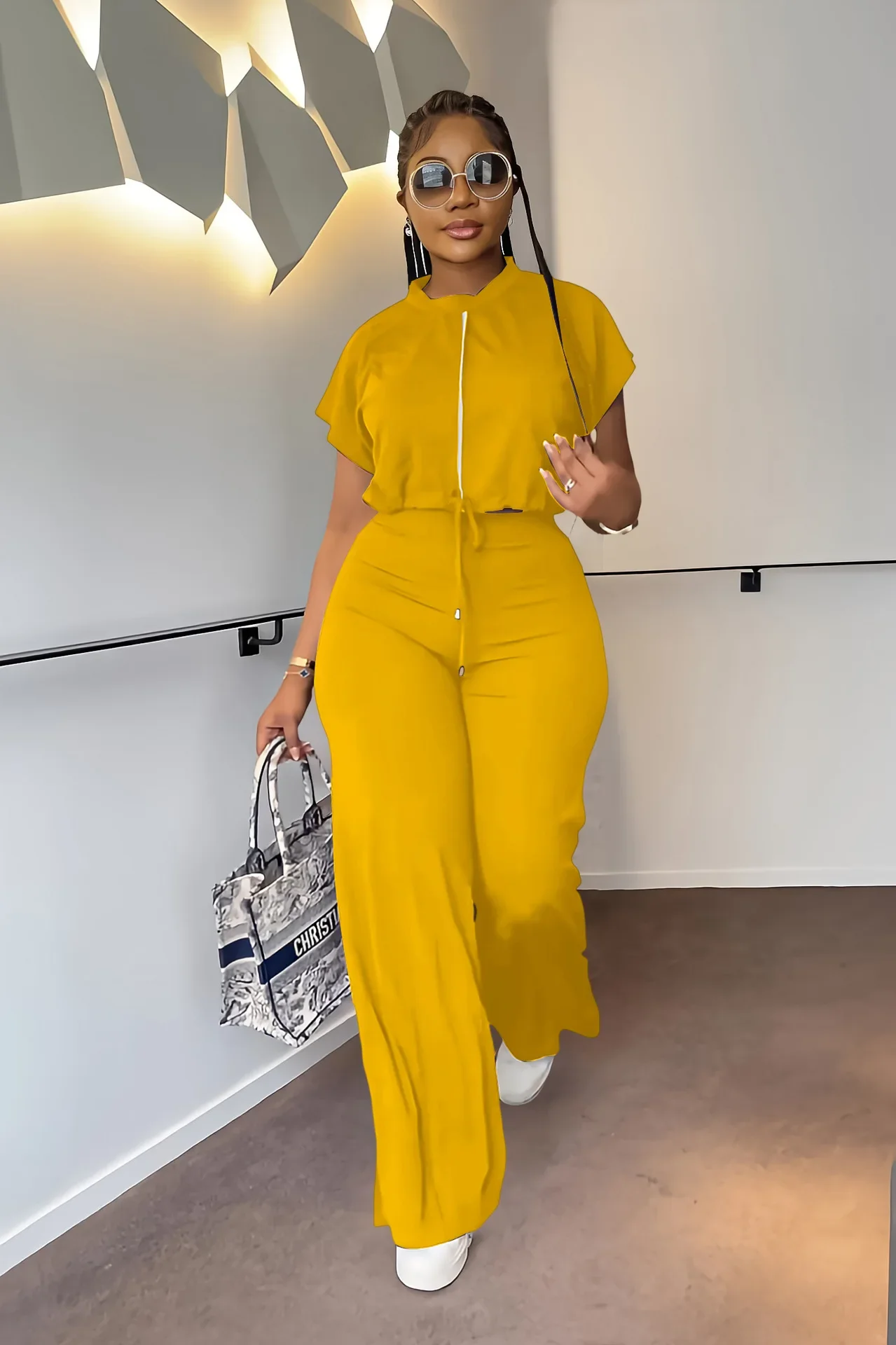 Women Tracksuit Solid Short Sleeve Zipper Short Tops and High Waisted Side Split Wide Leg Pants Two Piece Set Female Outfits
Women Tracksuit Solid Short Sleeve Zipper Short Tops and High Waisted Side Split Wide Leg Pants Two Piece Set Female Outfits