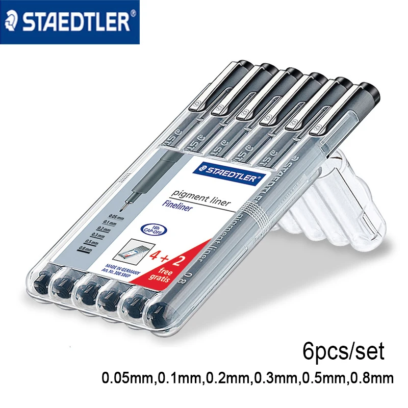 Staedtler 308 SB6P пигментный лайнер игольная ручка черные чернила водонепроницаемые 6