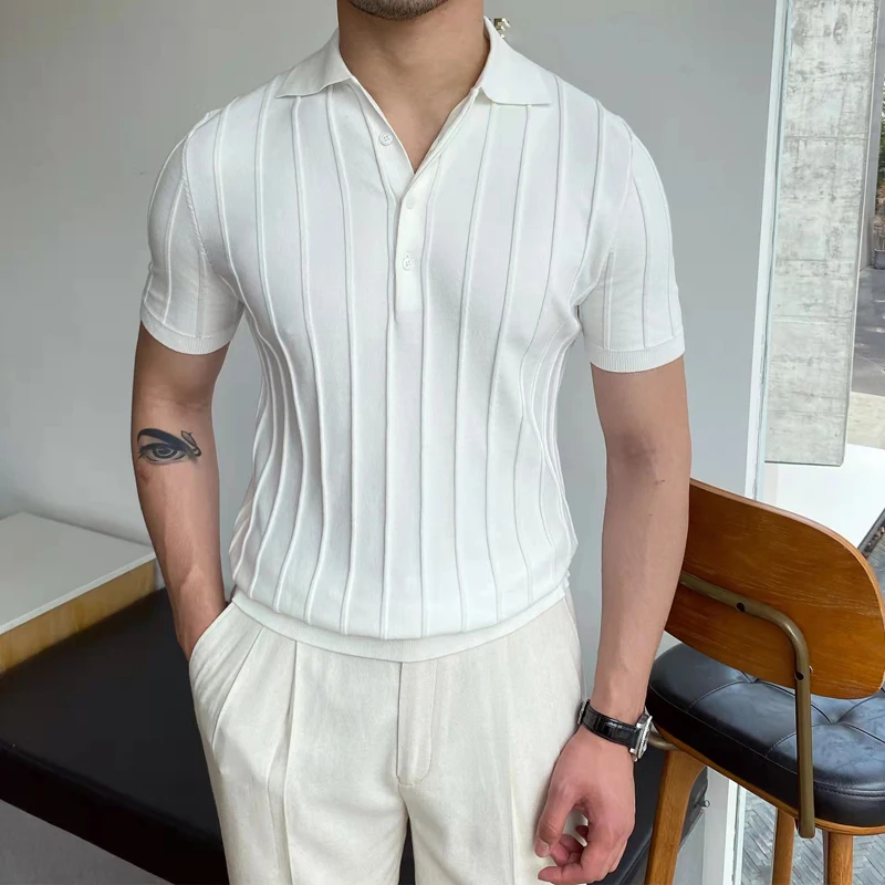 2022 Spring Summer Knit Polo Shirt Men Casual Turn-down Collar Button-up Fashion Striped Solid Slim Tops Ice Silk Fabric T-shirt
2022 Spring Summer Knit Polo Shirt Men Casual Turn-down Collar Button-up Fashion Striped Solid Slim Tops Ice Silk Fabric T-shirt