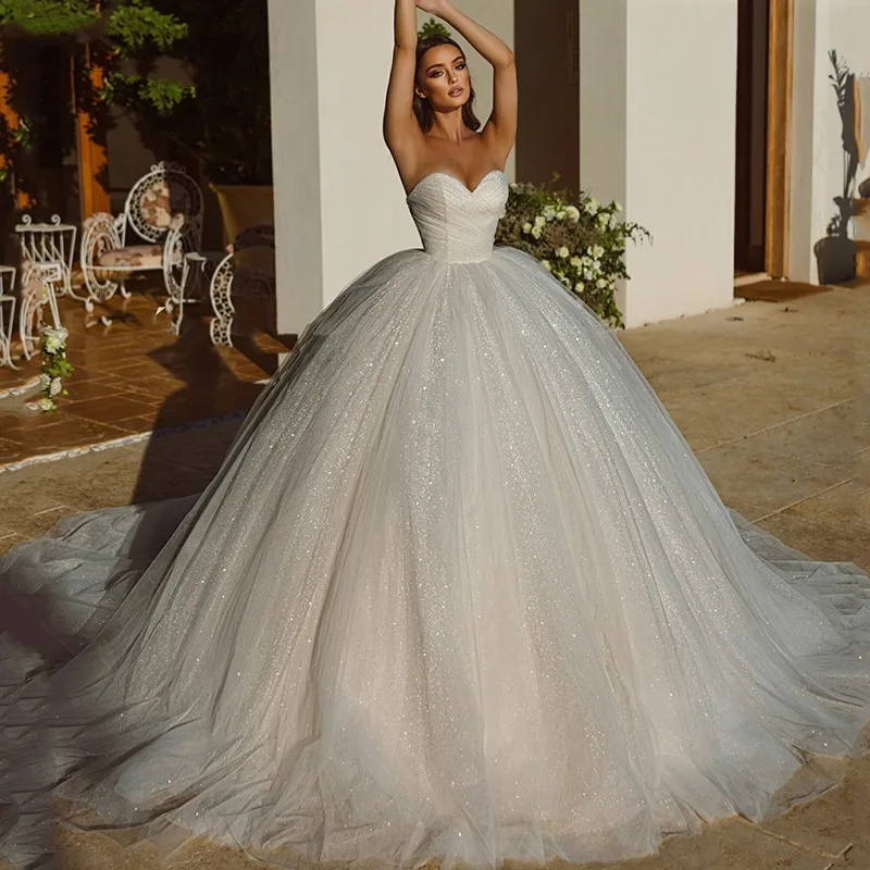 

Saudi Arabia Shiny Wedding Dresses 2023 Ball Gown Glitter Tulle Sweetheart Bride Robe De Mariee Bridal Gowns Removable Sleeves