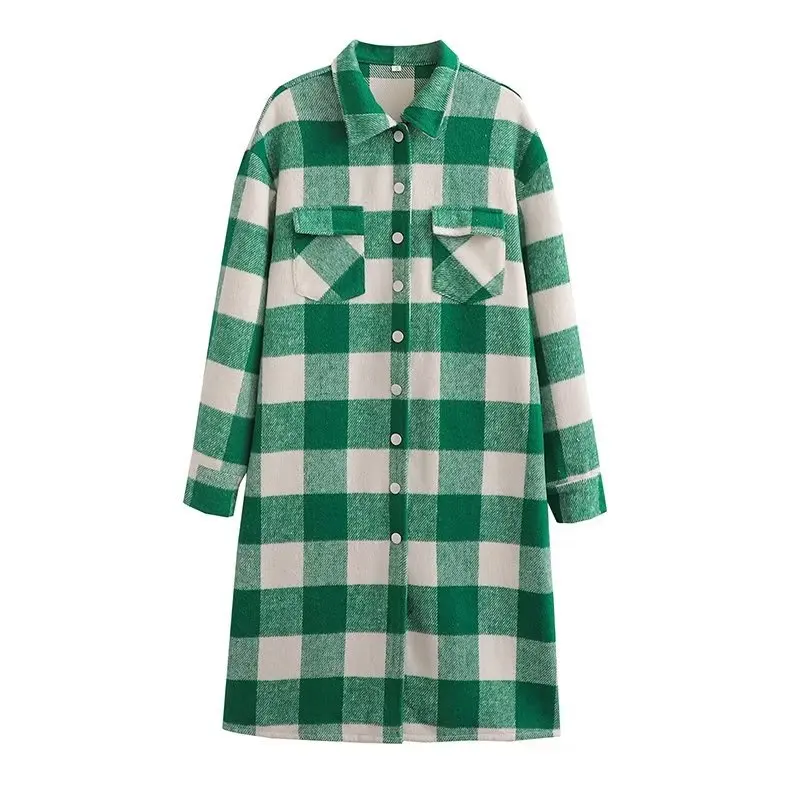 

2022 autumn new European and American cross-border women's urban casual checked woolen long coat