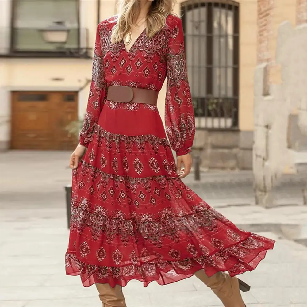 Women V Neck Dress Vintage Print A-line Dress Feminine Bohemian Style with Flattering High Waist Long Sleeves Beach Dress
Women V Neck Dress Vintage Print A-line Dress Feminine Bohemian Style with Flattering High Waist Long Sleeves Beach Dress