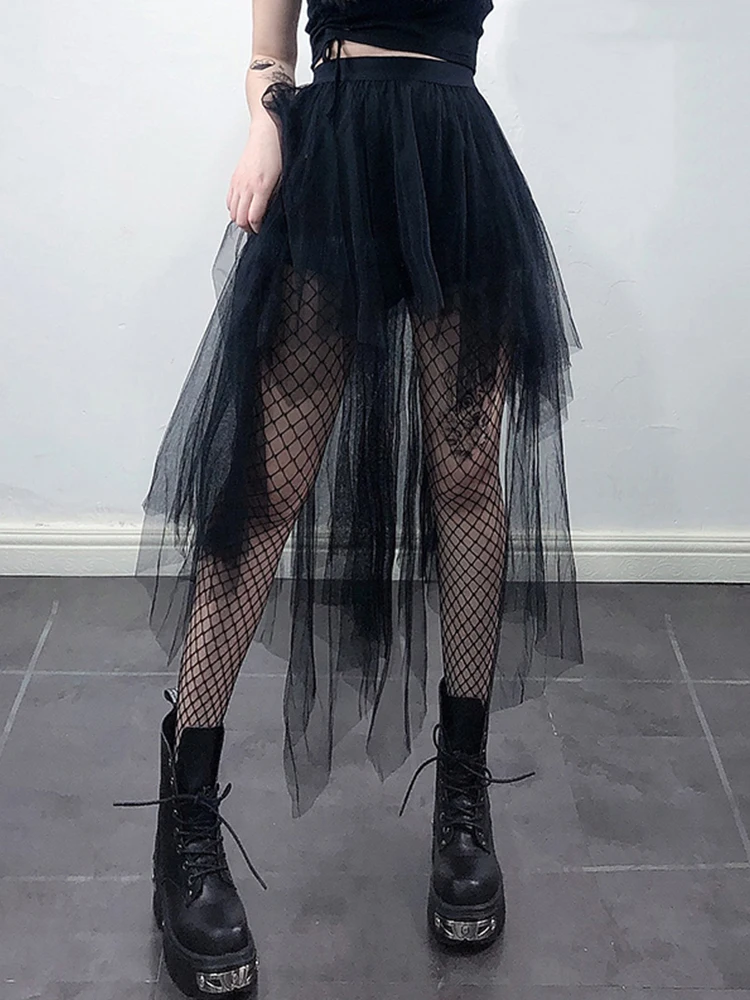 

Gothic Black Mesh Long Mini Skirt Women Multilayer Irregular Dark Aesthetic Fairy Grunge Midi Skirts Punk Emo Alt Korean Fashion