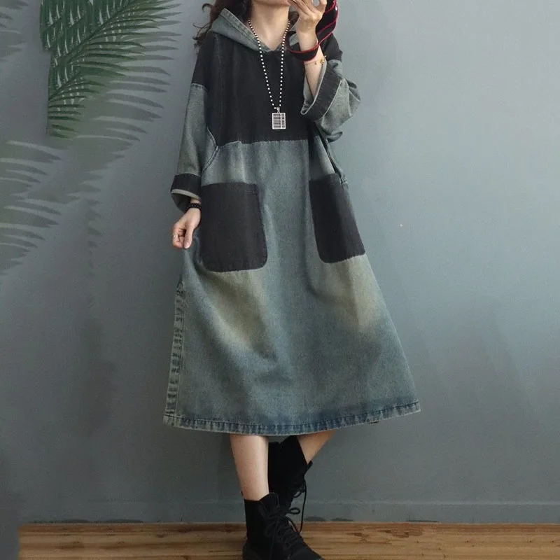 Женское джинсовое платье с капюшоном, повседневное длинное винтажное платье с разрезом и рукавом, Свободный пуловер в Корейском стиле, осень-весна
Женское джинсовое платье с капюшоном, повседневное длинное винтажное платье с разрезом и рукавом, Свободный пуловер в Корейском стиле, осень-весна