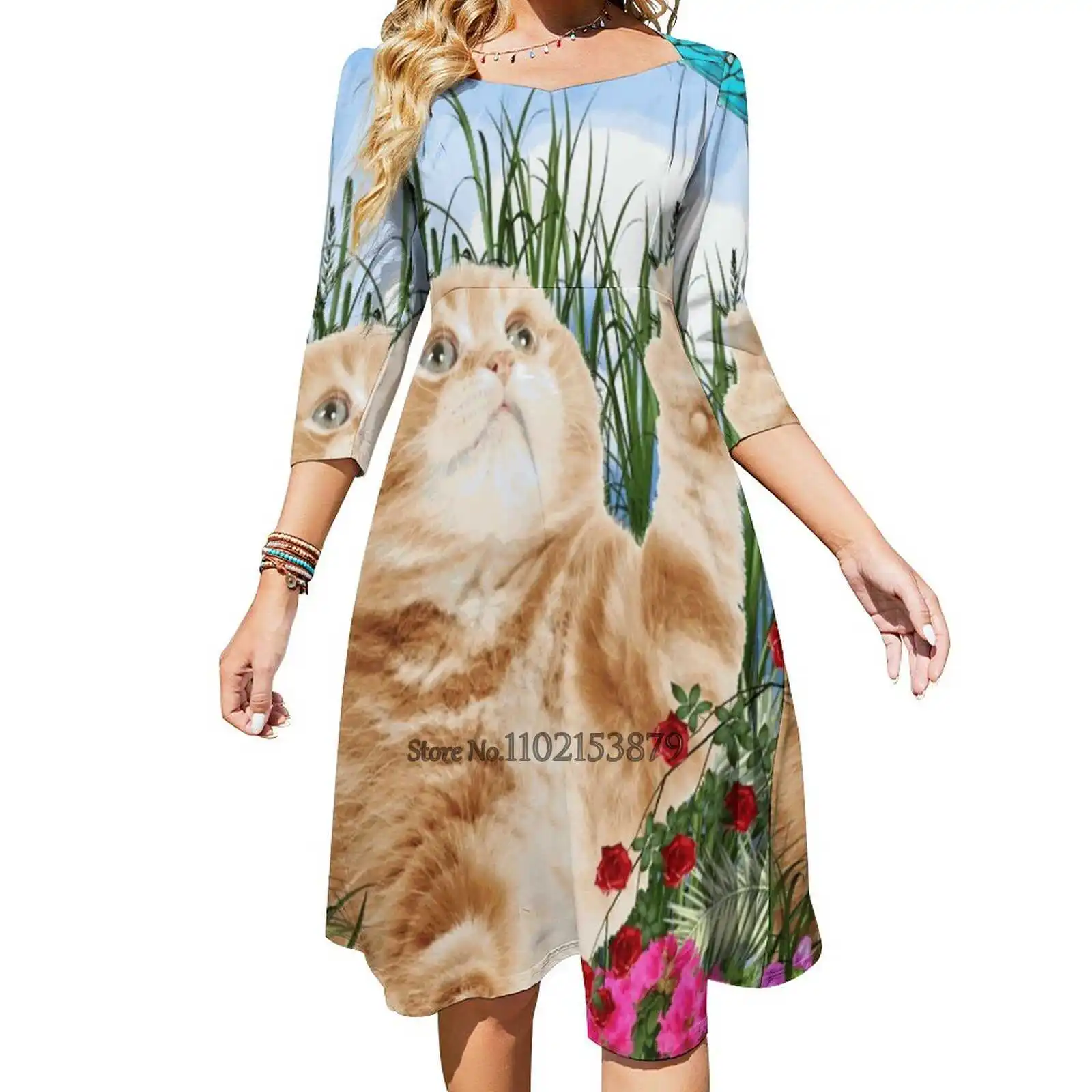Платье с квадратным вырезом Ginger Kitty женское, Элегантное летнее платье с лямкой на шее, с принтом имбиря, котенка, Китти, цветов 
Платье с квадратным вырезом Ginger Kitty женское, Элегантное летнее платье с лямкой на шее, с принтом имбиря, котенка, Китти, цветов